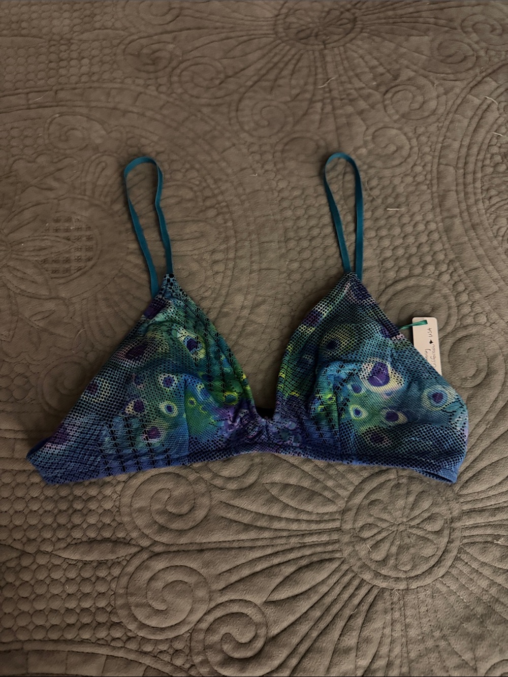 NWT Private Arts Teal Peacock Print Triangle Bralette